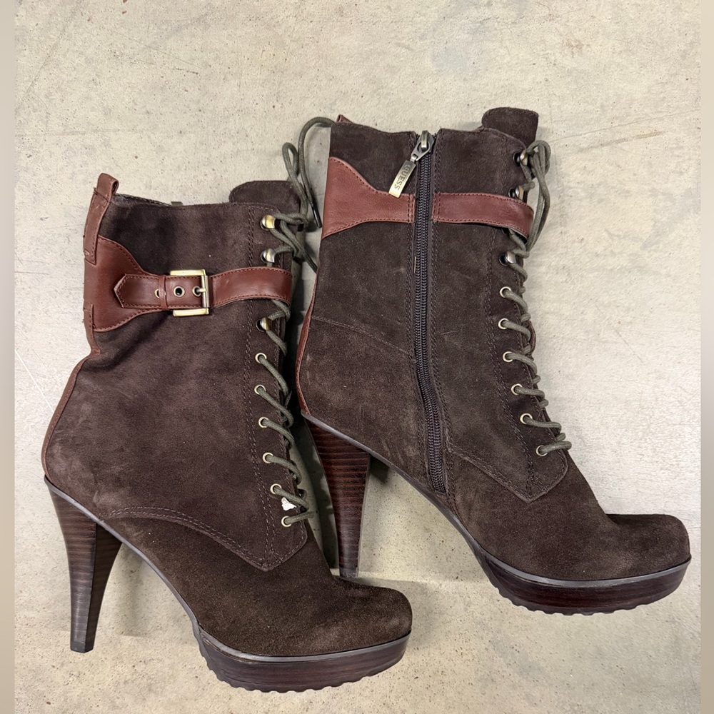 Guess Jirena Y2K Chocolate Brown Suede & Leather Lace-Up Ankle Boots, Size 8.5 - Picture 3 of 4